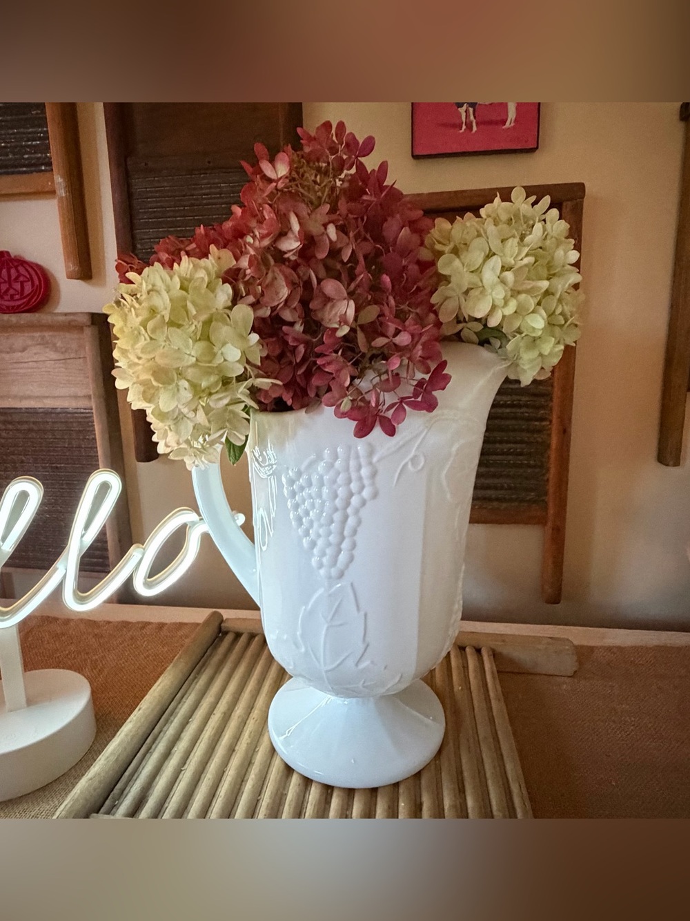 Vintage Indiana Glass Harvest Grape Milk Glass Pitcher❤️